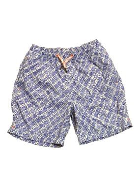 Crewcuts Blue and White Geometric Swim Trunks with Orange Drawstring